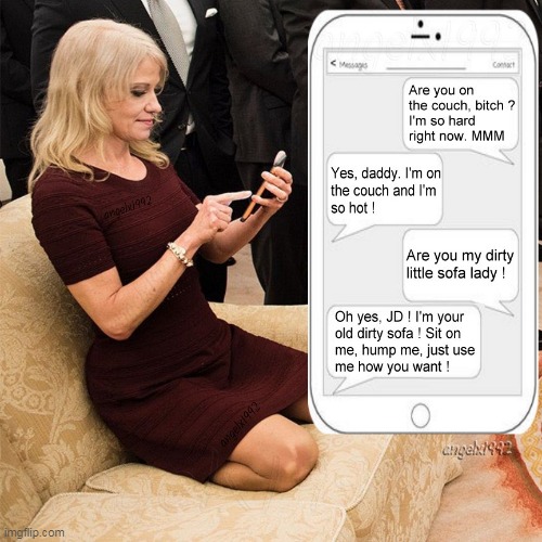 kellyanne conway in couchgate | image tagged in maga cult,ohio,jd vance,couch,clown car republicans,maga morons | made w/ Imgflip meme maker