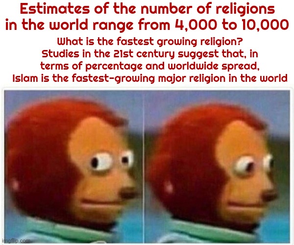 There Are 4,000 To 10,000 Religions On Earth And You Think Yours Is The Only "Right" One?  Really?  Really, Really? | Estimates of the number of religions in the world range from 4,000 to 10,000; What is the fastest growing religion?
Studies in the 21st century suggest that, in terms of percentage and worldwide spread, Islam is the fastest-growing major religion in the world | image tagged in memes,monkey puppet,religion,god religion universe,beliefs,you've been conned | made w/ Imgflip meme maker