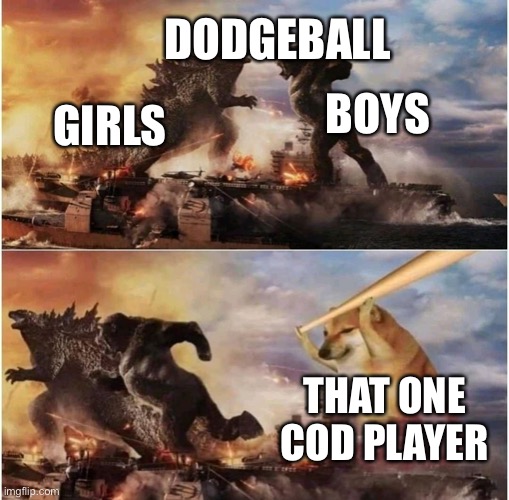 Kong Godzilla Doge | DODGEBALL; BOYS; GIRLS; THAT ONE COD PLAYER | image tagged in kong godzilla doge | made w/ Imgflip meme maker