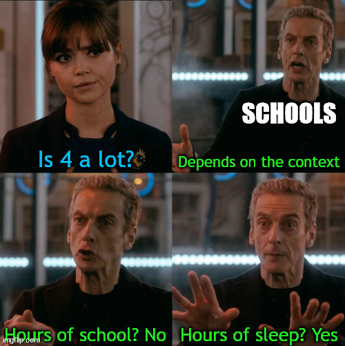 Schools be like | SCHOOLS; Is 4 a lot? Depends on the context; Hours of sleep? Yes; Hours of school? No | image tagged in is four a lot,back to school,school,sleep | made w/ Imgflip meme maker