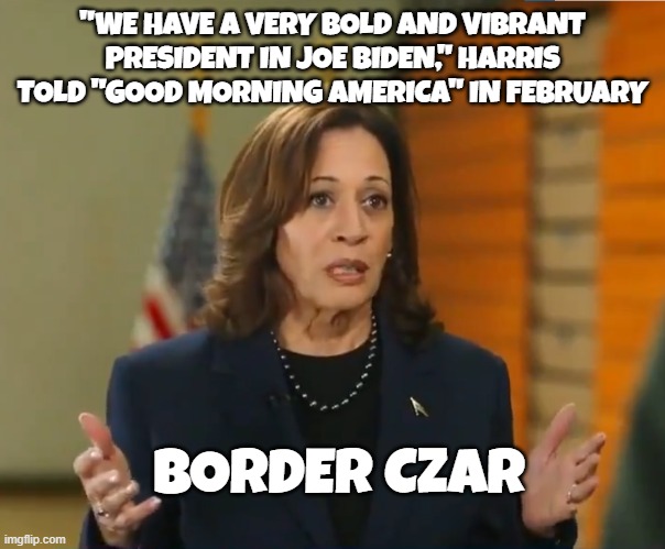 Lies and incompetence | "WE HAVE A VERY BOLD AND VIBRANT PRESIDENT IN JOE BIDEN," HARRIS TOLD "GOOD MORNING AMERICA" IN FEBRUARY; BORDER CZAR | image tagged in kamala harris,vice president,maga,make america great again,border,incompetence | made w/ Imgflip meme maker