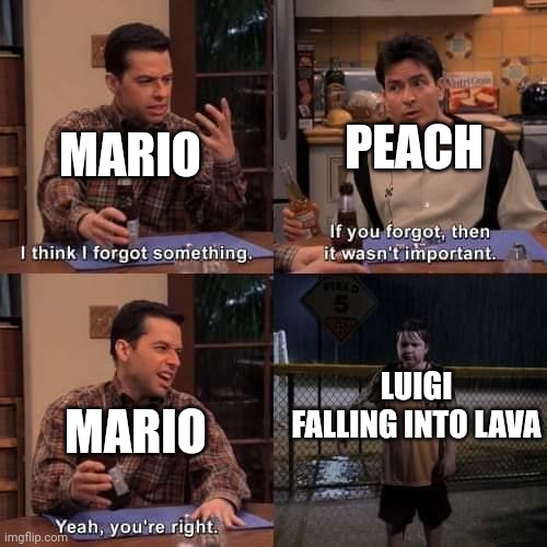 And that Toolate.exe | PEACH; MARIO; LUIGI FALLING INTO LAVA; MARIO | image tagged in i think i forgot something | made w/ Imgflip meme maker