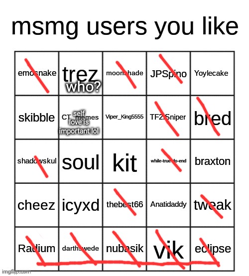 msmg users you like | who? self love is important lol | image tagged in msmg users you like | made w/ Imgflip meme maker
