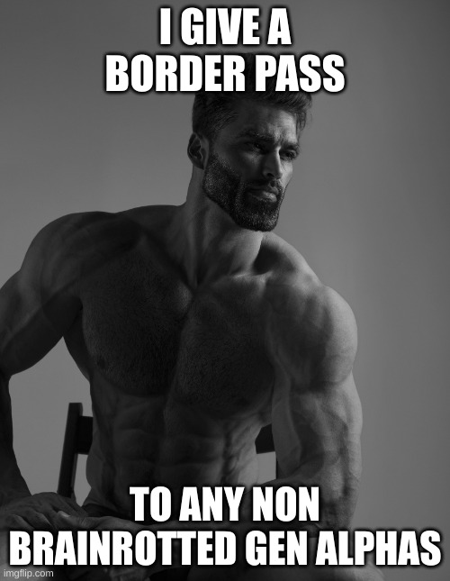 Giga Chad | I GIVE A BORDER PASS; TO ANY NON BRAINROTTED GEN ALPHAS | image tagged in giga chad | made w/ Imgflip meme maker