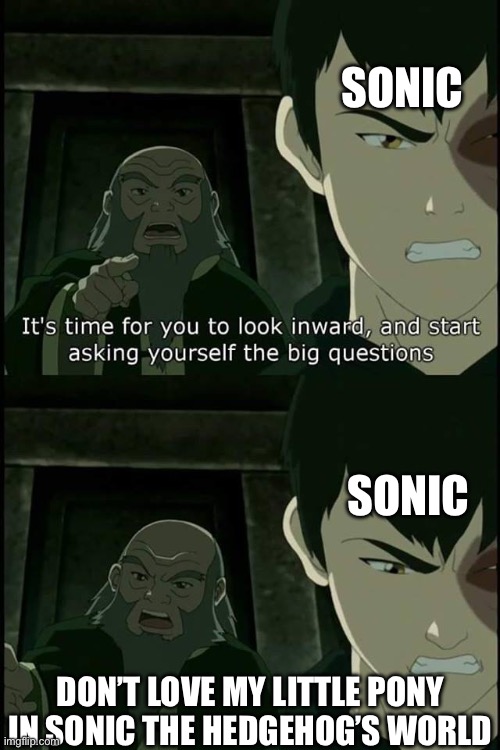 Sonic’s world can’t have My Little Pony | SONIC; SONIC; DON’T LOVE MY LITTLE PONY IN SONIC THE HEDGEHOG’S WORLD | image tagged in iroh big questions | made w/ Imgflip meme maker