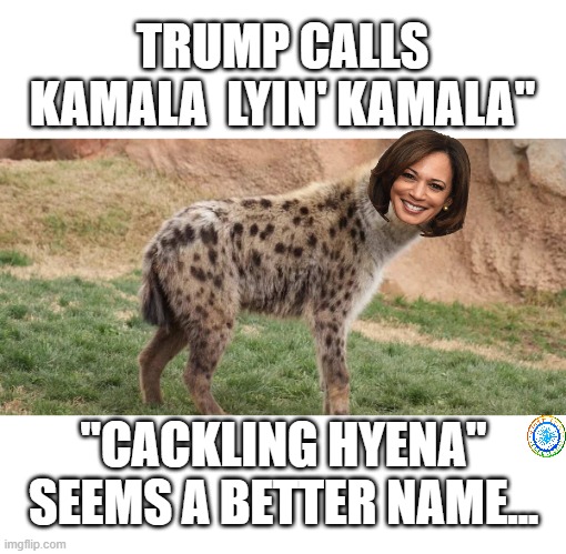politics | TRUMP CALLS KAMALA  LYIN' KAMALA"; "CACKLING HYENA" SEEMS A BETTER NAME... | image tagged in political meme | made w/ Imgflip meme maker