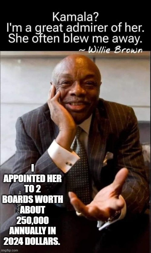 Old School Hawk Tua blew me away; therefore, she was in charge of 2 boards! Willie Brown! | I APPOINTED HER TO 2 BOARDS WORTH ABOUT 250,000 ANNUALLY IN 2024 DOLLARS. | image tagged in hawk tuah,kamala harris | made w/ Imgflip meme maker