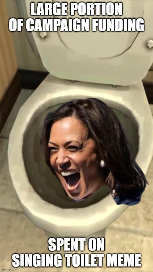 Skibidi toilet | LARGE PORTION OF CAMPAIGN FUNDING; SPENT ON SINGING TOILET MEME | image tagged in skibidi toilet,kamala harris,democrats,election 2024,memes | made w/ Imgflip meme maker