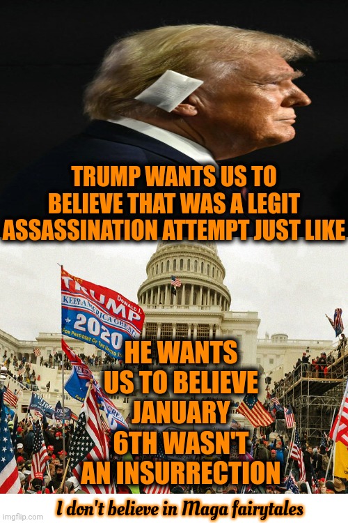 Never Trust A Convicted Felon That Has Been Found Liable For S3XUAL Assault And Willingly Paid What The Court Ordered | TRUMP WANTS US TO BELIEVE THAT WAS A LEGIT ASSASSINATION ATTEMPT JUST LIKE; HE WANTS US TO BELIEVE JANUARY 6TH WASN'T AN INSURRECTION; I don't believe in Maga fairytales | image tagged in lock him up,trump unfit unqualified dangerous,trump lies,illegitimate,trump is a convicted felon,memes | made w/ Imgflip meme maker