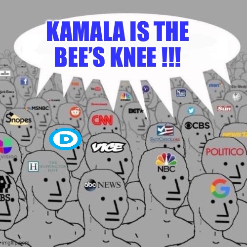 News NPCs | KAMALA IS THE BEE’S KNEE !!! | image tagged in news npcs,kamala harris,democrats,politics,political meme | made w/ Imgflip meme maker