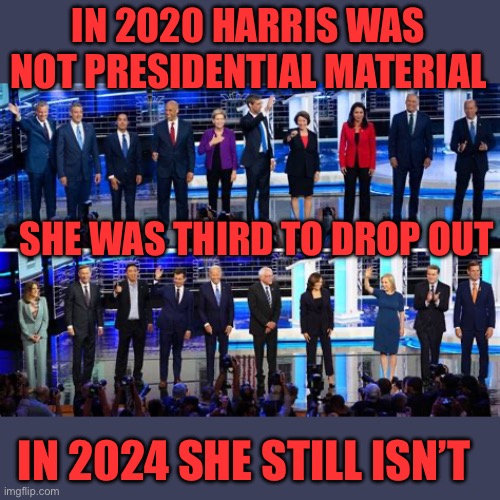 Harris just isn’t cut from Presidential cloth. | IN 2020 HARRIS WAS NOT PRESIDENTIAL MATERIAL; SHE WAS THIRD TO DROP OUT; IN 2024 SHE STILL ISN’T | image tagged in 2020,not presidential,2024,still not | made w/ Imgflip meme maker