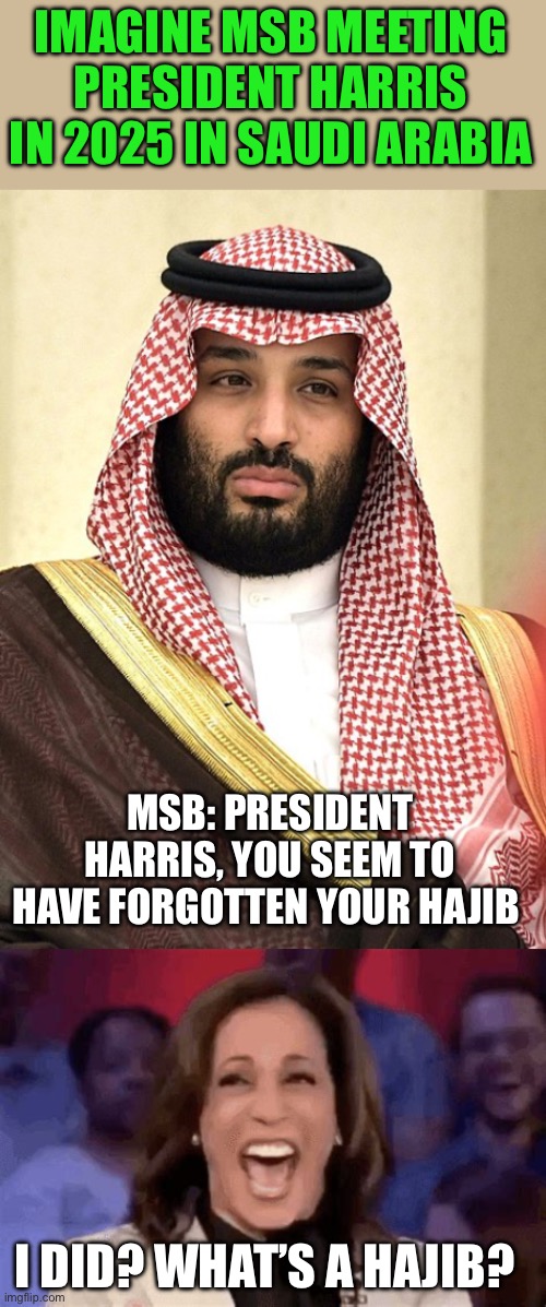 Sooner or later that uncontrollable laugh would insult a head of state. | IMAGINE MSB MEETING PRESIDENT HARRIS IN 2025 IN SAUDI ARABIA; MSB: PRESIDENT HARRIS, YOU SEEM TO HAVE FORGOTTEN YOUR HAJIB; I DID? WHAT’S A HAJIB? | image tagged in harris,uncontrolab,laugh | made w/ Imgflip meme maker