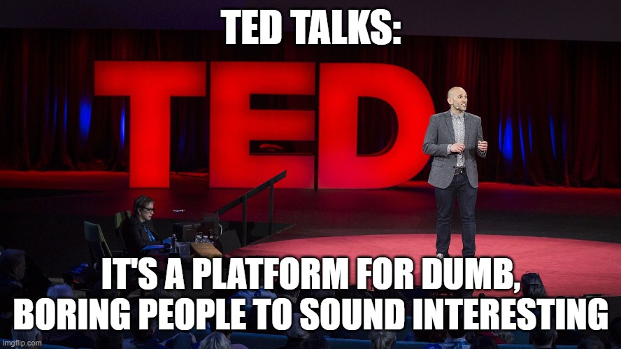 Ted Talk | TED TALKS:; IT'S A PLATFORM FOR DUMB, BORING PEOPLE TO SOUND INTERESTING | image tagged in ted talk | made w/ Imgflip meme maker