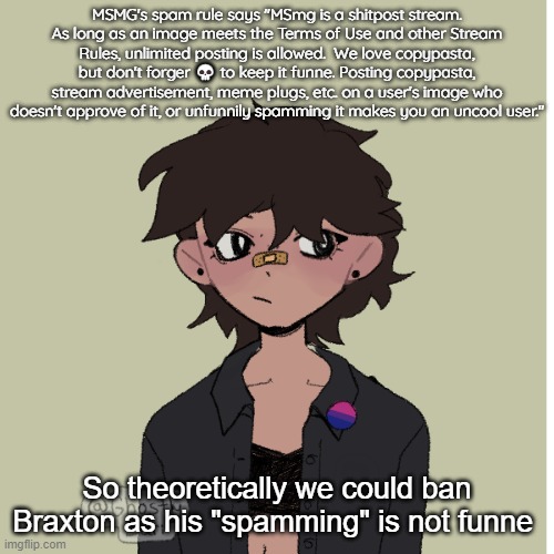 Neko picrew | MSMG's spam rule says "MSmg is a shitpost stream. As long as an image meets the Terms of Use and other Stream Rules, unlimited posting is allowed.  We love copypasta, but don't forger 💀 to keep it funne. Posting copypasta, stream advertisement, meme plugs, etc. on a user's image who doesn't approve of it, or unfunnily spamming it makes you an uncool user."; So theoretically we could ban Braxton as his "spamming" is not funne | image tagged in neko picrew | made w/ Imgflip meme maker