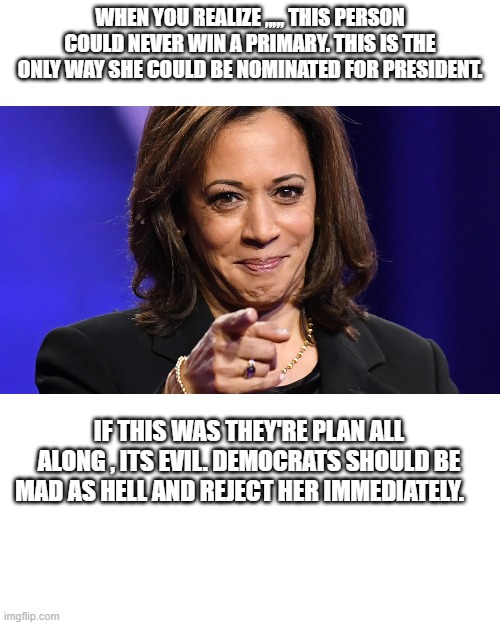 Evil Plan | WHEN YOU REALIZE ,,,,, THIS PERSON COULD NEVER WIN A PRIMARY. THIS IS THE ONLY WAY SHE COULD BE NOMINATED FOR PRESIDENT. IF THIS WAS THEY'RE PLAN ALL ALONG , ITS EVIL. DEMOCRATS SHOULD BE MAD AS HELL AND REJECT HER IMMEDIATELY. | image tagged in politics,deep state puppet | made w/ Imgflip meme maker