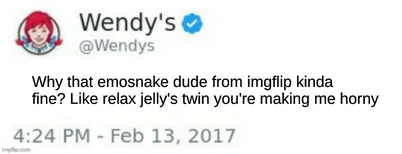 Wendy's Twitter | Why that emosnake dude from imgflip kinda fine? Like relax jelly's twin you're making me horny | image tagged in wendy's twitter | made w/ Imgflip meme maker