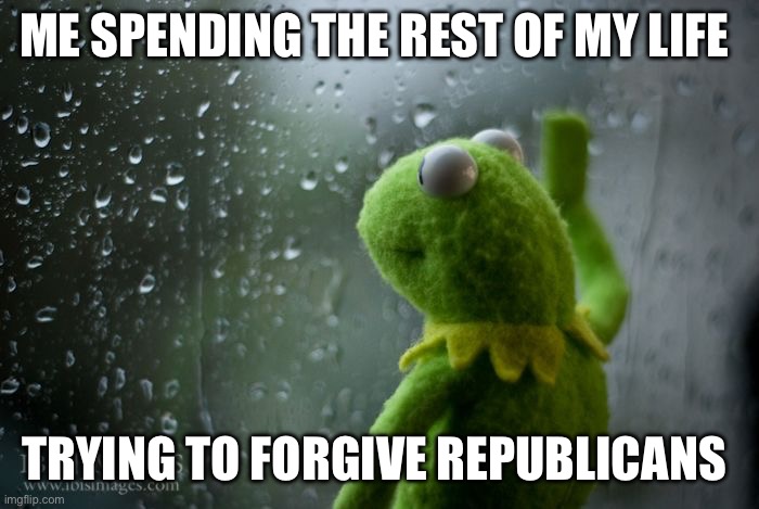 Maybe someday, if they ever stop acting like Nazis? | ME SPENDING THE REST OF MY LIFE; TRYING TO FORGIVE REPUBLICANS | image tagged in kermit window | made w/ Imgflip meme maker