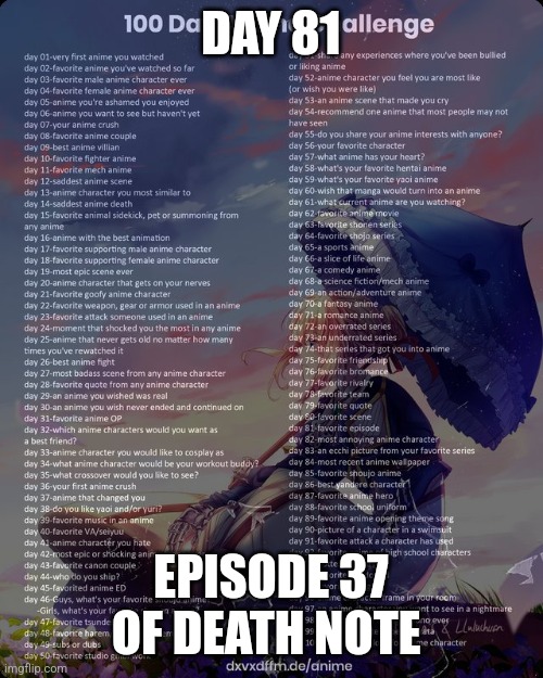 Day 81 | DAY 81; EPISODE 37 OF DEATH NOTE | image tagged in 100 day anime challenge,death note,anime | made w/ Imgflip meme maker