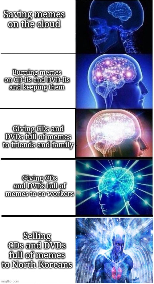 Hehe | Saving memes on the cloud; Burning memes on CD-Rs and DVD-Rs and keeping them; Giving CDs and DVDs full of memes to friends and family; Giving CDs and DVDs full of memes to co workers; Selling CDs and DVDs full of memes to North Koreans | image tagged in expanding brain 5-part | made w/ Imgflip meme maker