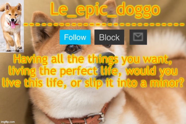 epic doggo's temp back in old fashion | Having all the things you want, living the perfect life, would you live this life, or slip it into a minor? | image tagged in epic doggo's temp back in old fashion | made w/ Imgflip meme maker