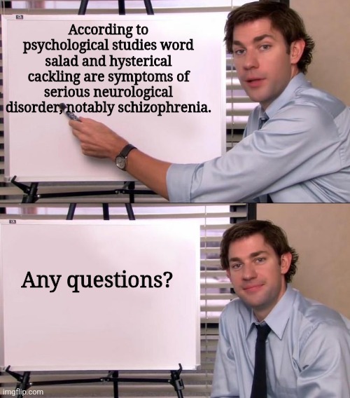 Jim Halpert Explains | According to psychological studies word salad and hysterical cackling are symptoms of serious neurological disorder, notably schizophrenia. Any questions? | image tagged in jim halpert explains | made w/ Imgflip meme maker