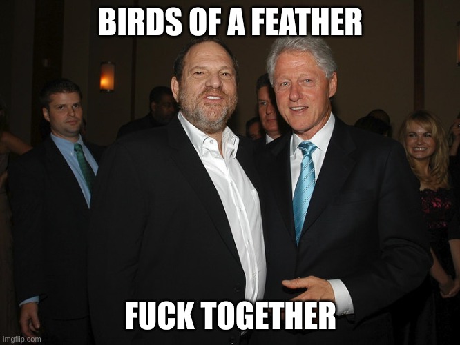 Harvey Weinstein Bill Clinton | BIRDS OF A FEATHER FUCK TOGETHER | image tagged in harvey weinstein bill clinton | made w/ Imgflip meme maker