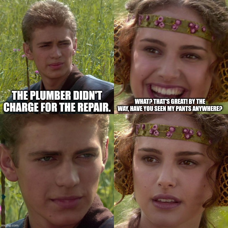 Nothing comes for free | THE PLUMBER DIDN'T CHARGE FOR THE REPAIR. WHAT? THAT'S GREAT! BY THE WAY, HAVE YOU SEEN MY PANTS ANYWHERE? | image tagged in anakin padme 4 panel,star wars,anakin skywalker,plumber,pants,memes | made w/ Imgflip meme maker