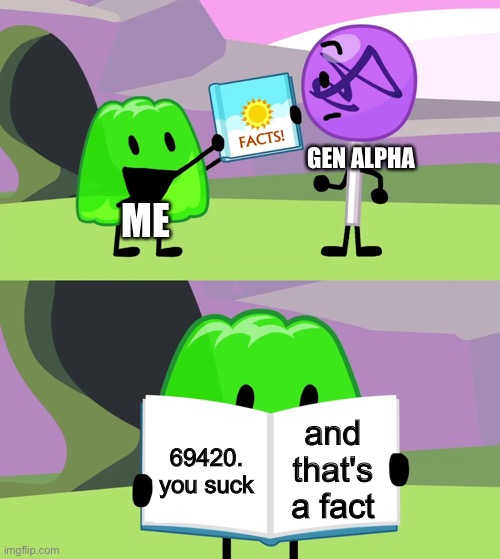 Gelatin's book of facts | ME GEN ALPHA 69420. you suck and that's a fact | image tagged in gelatin's book of facts | made w/ Imgflip meme maker