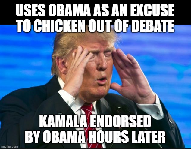 One day you're going to realize how badly you've been played | USES OBAMA AS AN EXCUSE TO CHICKEN OUT OF DEBATE; KAMALA ENDORSED BY OBAMA HOURS LATER | image tagged in trump - sad so sad,obama,kamala harris,presidential debate,chickenshit | made w/ Imgflip meme maker