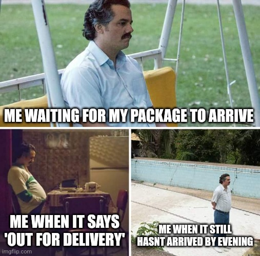 Sad Pablo Escobar Meme | ME WAITING FOR MY PACKAGE TO ARRIVE; ME WHEN IT SAYS 'OUT FOR DELIVERY'; ME WHEN IT STILL HASNT ARRIVED BY EVENING | image tagged in memes,sad pablo escobar | made w/ Imgflip meme maker