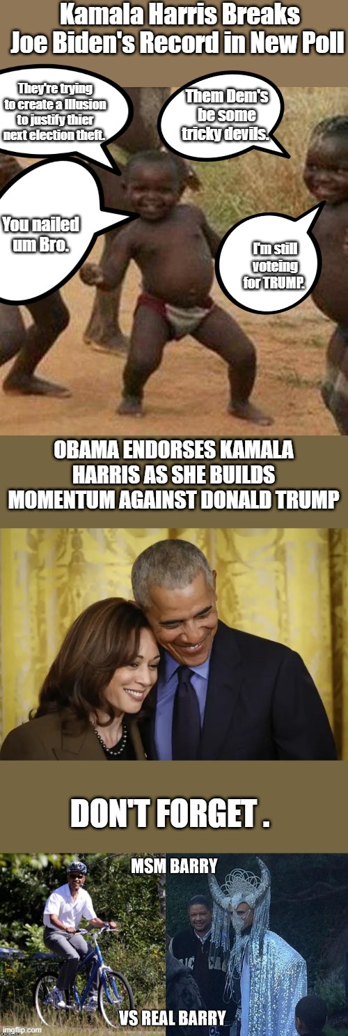 DEM party of corruption & fraud & enemies within., you can no longer deny it. | Kamala Harris Breaks Joe Biden's Record in New Poll; They're trying to create a Illusion to justify thier next election theft. Them Dem's be some tricky devils. You nailed um Bro. I'm still voteing for TRUMP. | image tagged in memes,third world success kid | made w/ Imgflip meme maker