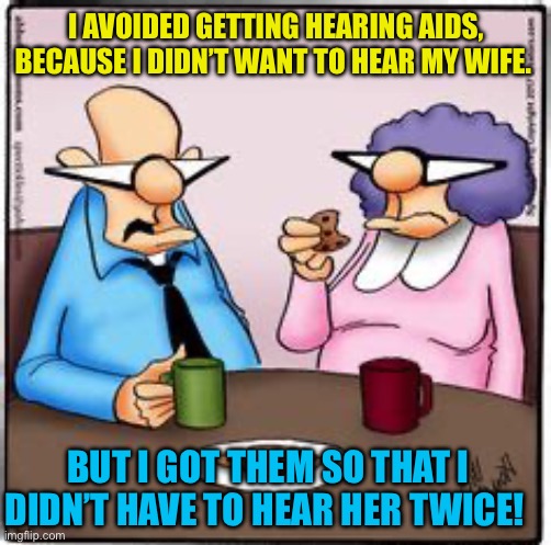 The reason to get hearing aids | I AVOIDED GETTING HEARING AIDS, BECAUSE I DIDN’T WANT TO HEAR MY WIFE. BUT I GOT THEM SO THAT I DIDN’T HAVE TO HEAR HER TWICE! | image tagged in gifs,fun,hearing,jokes,old jokes | made w/ Imgflip meme maker