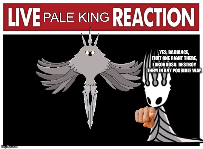 Live reaction | PALE KING YES, RADIANCE, THAT ONE RIGHT THERE, FUROBOOSU. DESTROY THEM IN ANY POSSIBLE WAY. | image tagged in live reaction | made w/ Imgflip meme maker