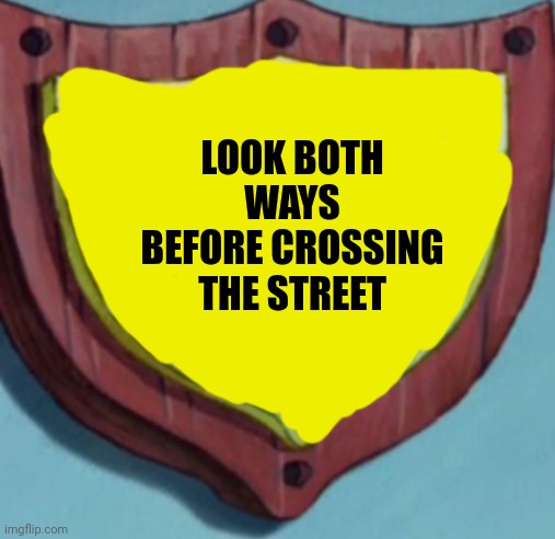 Our motto is (blank) | LOOK BOTH WAYS BEFORE CROSSING THE STREET | image tagged in our motto is blank | made w/ Imgflip meme maker