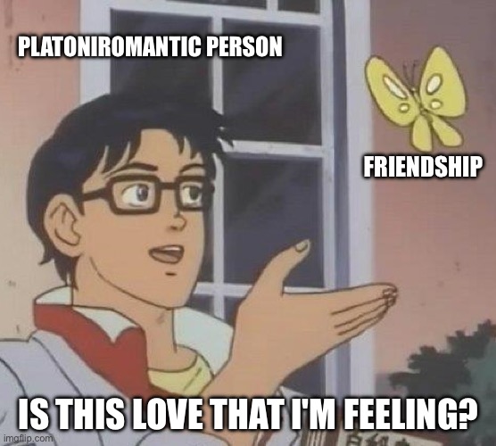Platoniromantics: Is this love I’m feeling? | PLATONIROMANTIC PERSON; FRIENDSHIP; IS THIS LOVE THAT I'M FEELING? | image tagged in is this a pigeon,lgbtq,platoniromantic,is this love,whitesnake,friendship | made w/ Imgflip meme maker