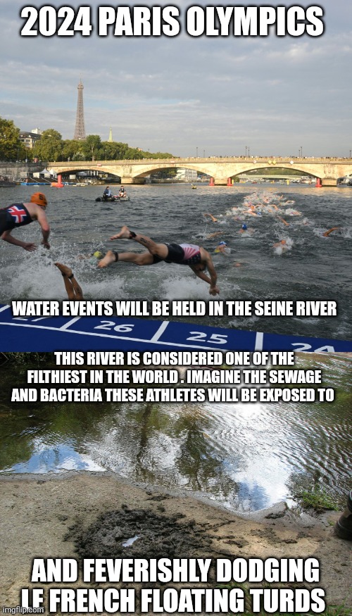 2024 Olympics meme | 2024 PARIS OLYMPICS; WATER EVENTS WILL BE HELD IN THE SEINE RIVER; THIS RIVER IS CONSIDERED ONE OF THE FILTHIEST IN THE WORLD . IMAGINE THE SEWAGE AND BACTERIA THESE ATHLETES WILL BE EXPOSED TO; AND FEVERISHLY DODGING LE FRENCH FLOATING TURDS | image tagged in olympics | made w/ Imgflip meme maker