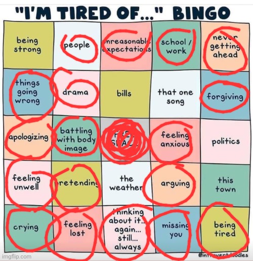 I'm tired of everything really I just want it to go away | image tagged in tired of bingo | made w/ Imgflip meme maker