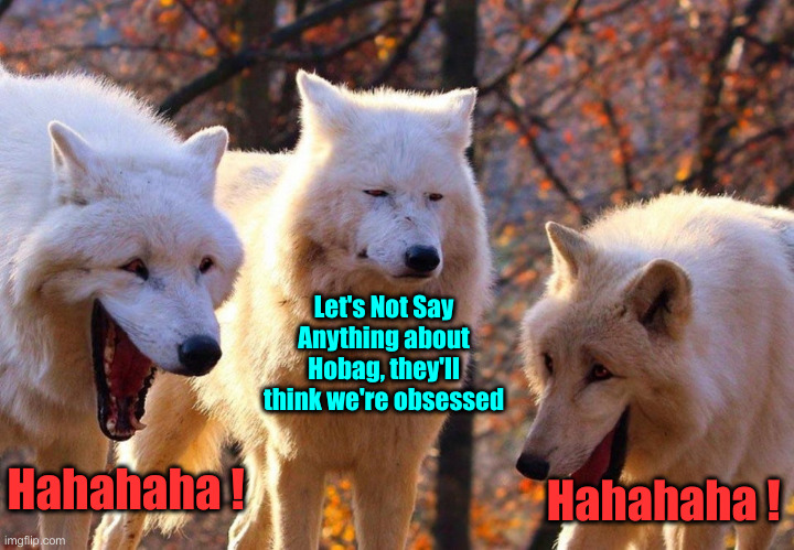 Nobody Cares What THEY Think ! | Let's Not Say Anything about Hobag, they'll think we're obsessed; Hahahaha ! Hahahaha ! | image tagged in 2/3 wolves laugh,political meme,politics,funny memes,funny | made w/ Imgflip meme maker