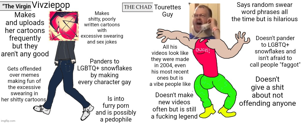 Both Vivziepop and the Tourettes Guy are known for swearing but only one of them is good | image tagged in virgin vs chad,vivziepop,tourettes guy,swearing,comedy,humor | made w/ Imgflip meme maker