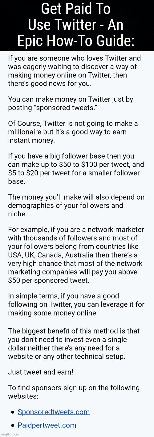 How To Make Money On Twitter :> | Get Paid To Use Twitter - An Epic How-To Guide: | image tagged in simothefinlandized,making money,twitter,infographics,tutorial | made w/ Imgflip meme maker