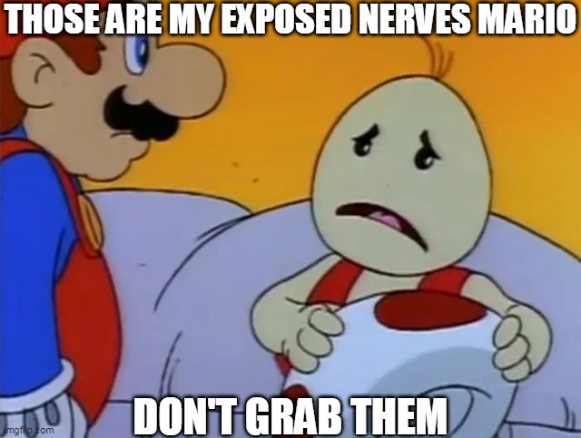 Toad has exposed nerves | THOSE ARE MY EXPOSED NERVES MARIO; DON'T GRAB THEM | image tagged in toad without hat,exposed nerve | made w/ Imgflip meme maker