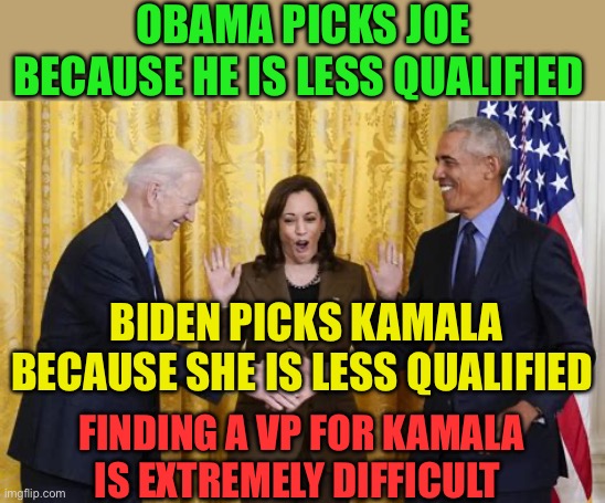 Democrat VO qualifications | OBAMA PICKS JOE BECAUSE HE IS LESS QUALIFIED; BIDEN PICKS KAMALA BECAUSE SHE IS LESS QUALIFIED; FINDING A VP FOR KAMALA IS EXTREMELY DIFFICULT | image tagged in agreement reached,democrats,biden,barack obama,kamala harris,vice president | made w/ Imgflip meme maker