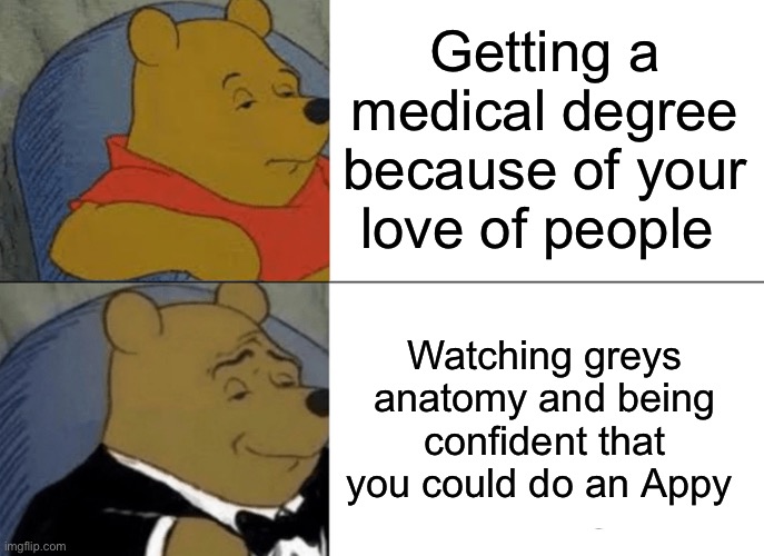 Tuxedo Winnie The Pooh Meme | Getting a medical degree because of your love of people; Watching greys anatomy and being confident that you could do an Appy | image tagged in memes,tuxedo winnie the pooh | made w/ Imgflip meme maker
