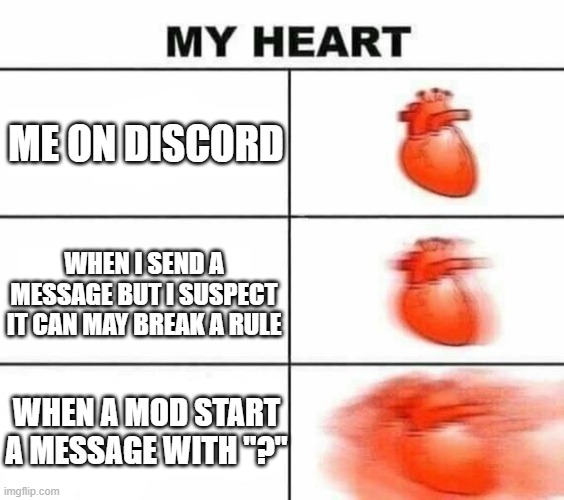 My heart blank | ME ON DISCORD; WHEN I SEND A MESSAGE BUT I SUSPECT IT CAN MAY BREAK A RULE; WHEN A MOD START A MESSAGE WITH "?" | image tagged in my heart blank | made w/ Imgflip meme maker