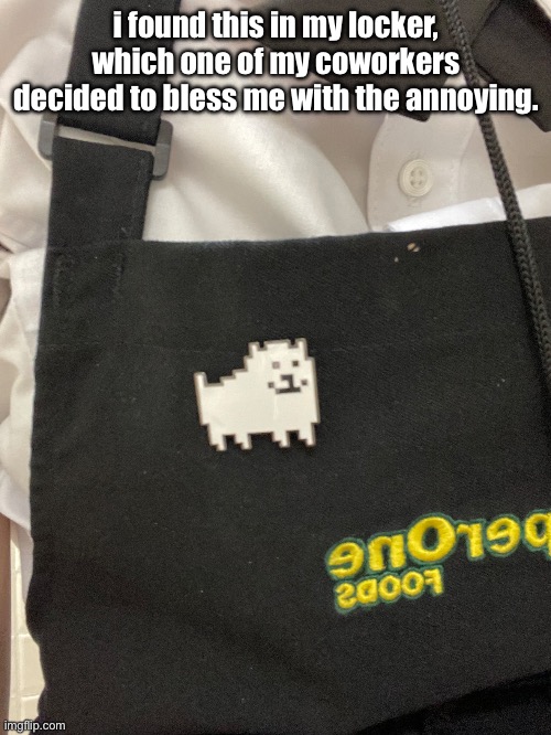 DOG PIN ❗️❗️❗️ | i found this in my locker, which one of my coworkers decided to bless me with the annoying. | made w/ Imgflip meme maker