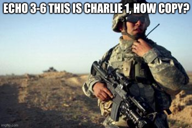 Soldier on Radio | ECHO 3-6 THIS IS CHARLIE 1, HOW COPY? | image tagged in soldier on radio | made w/ Imgflip meme maker