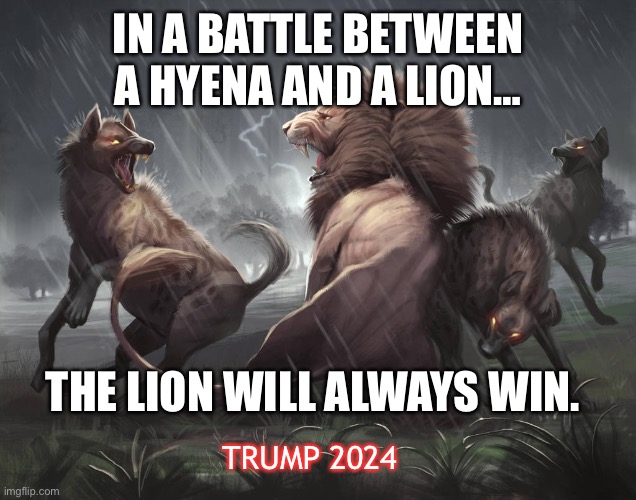 Hyena Harris vs. Trump | IN A BATTLE BETWEEN A HYENA AND A LION…; THE LION WILL ALWAYS WIN. TRUMP 2024 | image tagged in donald trump,kamala harris,2024,presidential debate,presidential election | made w/ Imgflip meme maker
