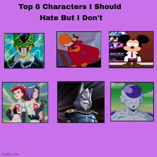 top 6 characters i should hate but i don't | image tagged in top 6 characters i should hate but i don't,villains,cartoons,anime,evil,horror | made w/ Imgflip meme maker