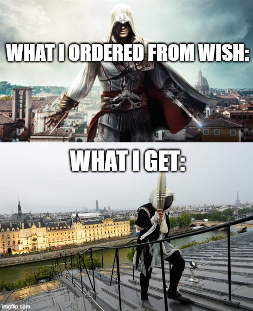 Assasins Creed from Wish | WHAT I ORDERED FROM WISH:; WHAT I GET: | image tagged in olympics,2024,assassins creed,wish,fun,fashion | made w/ Imgflip meme maker