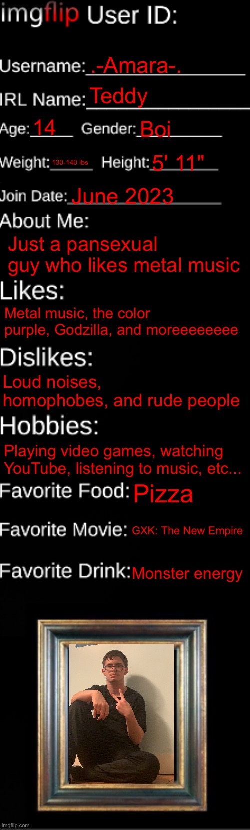 :] | .-Amara-. Teddy; 14; Boi; 130-140 lbs; 5' 11"; June 2023; Just a pansexual guy who likes metal music; Metal music, the color purple, Godzilla, and moreeeeeeee; Loud noises, homophobes, and rude people; Playing video games, watching YouTube, listening to music, etc... Pizza; GXK: The New Empire; Monster energy | image tagged in imgflip id card | made w/ Imgflip meme maker